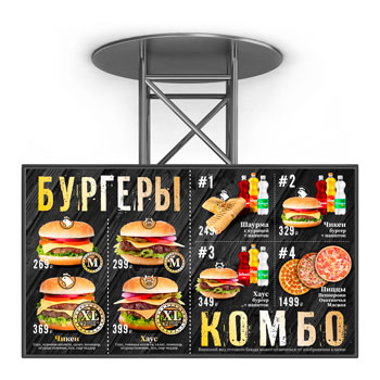 Menu boards for fast food restaurants and cafes on the food court, video menus on monitors